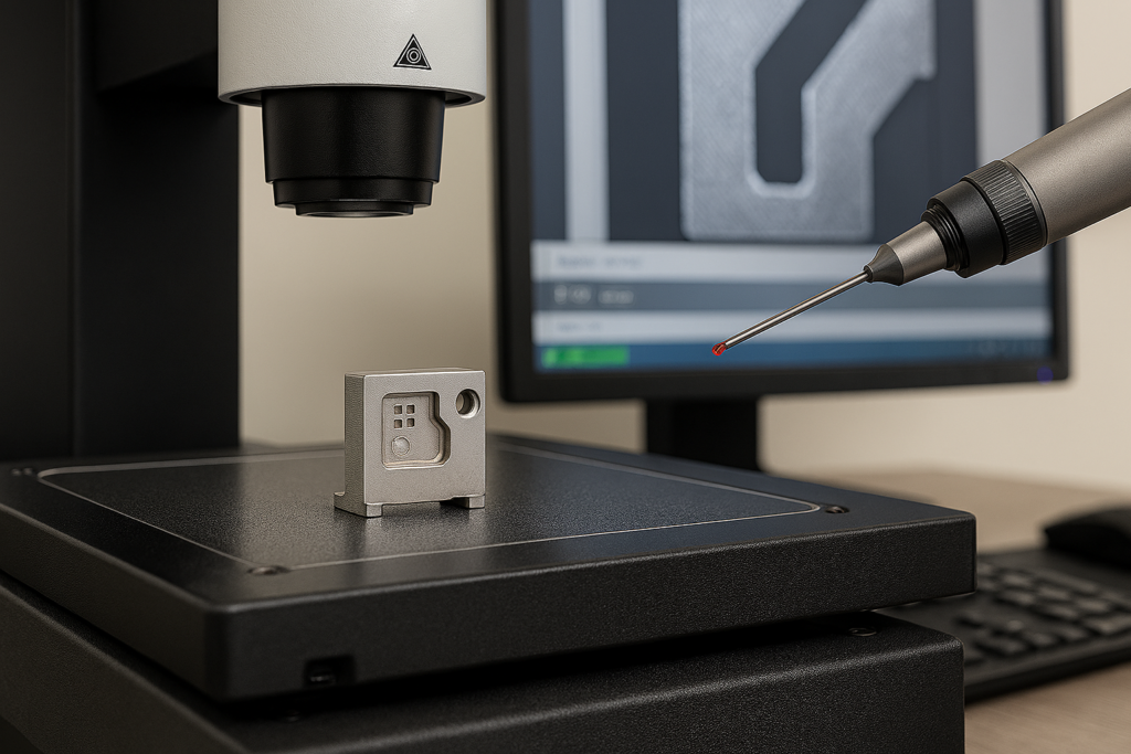 A micro‑machined component under inspection using a high‑magnification optical system and a precision probing device, with a metrology interface visible in the background
